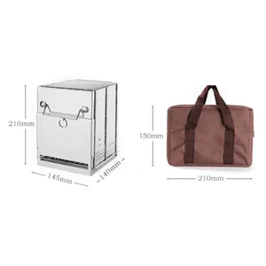 a portable, foldable, stainless steel wood burning stove. It is also accompanied by a brown carrying bag. The dimensions of the stove are 210mm tall, 145mm wide, and 140mm deep. The dimensions of the bag are 150mm tall, 210mm wide.