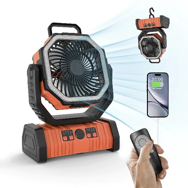 A similar outdoor fan in orange and black, with LED lights and a handle on top. The fan comes with a remote control and can charge a mobile phone. 