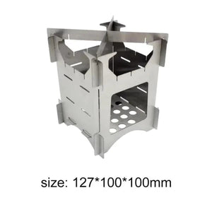 A silver metal camping stove. The stove is a square shape and is made of metal. The stove has a hole in the front and the back. The stove has a size of 127100100mm.