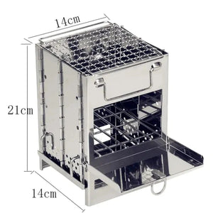 A stainless steel camping stove with dimensions labeled in centimeters. The stove is folded up and has a small grate on top and a larger grate on the inside. The stove also has a side shelf that folds down. The stove is great for outdoor cooking and camping.