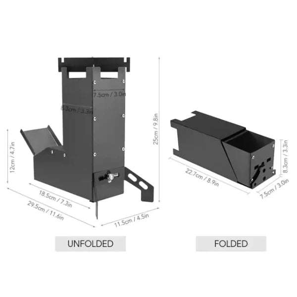 a unfolded and folded fire starter. The fire starter is made of black metal and has a simple design. It folds flat for easy storage and unfolds to form a cone shape. The image includes dimensions of the fire starter in both centimeters and inches