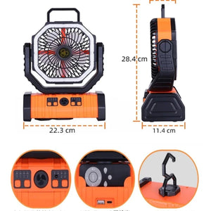 A multifunction outdoor fan with descriptive text, highlighting its features, such as a fourth gear wind with timing, three-block LED lights, remote control, adjustable angles (45° and 90°), portability, and a large battery capacity of 20000mAh. The fan is orange and black, with dimensions listed as 223x114x284 mm.