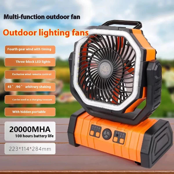 A multifunction outdoor fan with descriptive text, highlighting its features, such as a fourth gear wind with timing, three-block LED lights, remote control, adjustable angles (45° and 90°), portability, and a large battery capacity of 20000mAh.