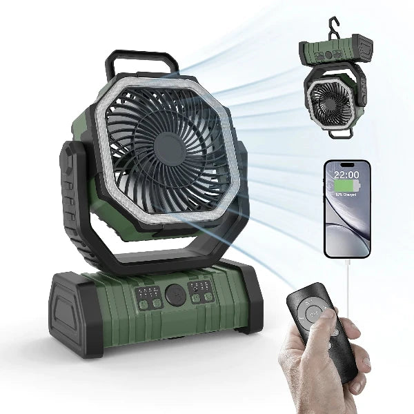  A green version of the outdoor fan with LED lights around the frame, a handle, and a hook for hanging. The fan is depicted with leaves flowing in the wind, suggesting strong airflow, and can be hung or used as a tabletop fan.